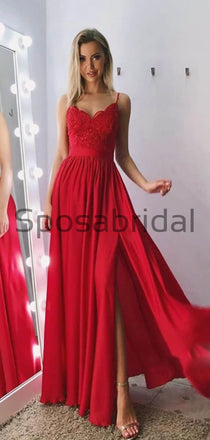 A-line Spaghetti Straps Red Side Slit Lace Modest Prom Dresses PD2158