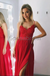 A-line Spaghetti Straps Red Side Slit Lace Modest Prom Dresses PD2158
