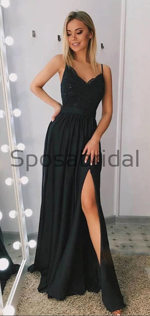 A-line Spaghetti Straps Side Slit Black Lace Modest Prom Dresses PD2159