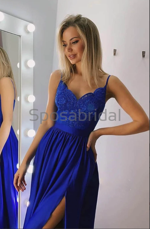 A-line Spaghetti Straps Side Slit Blue Lace Modest Prom Dresses PD2160