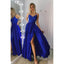 A-line Spaghetti Straps Side Slit Blue Lace Modest Prom Dresses PD2160