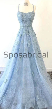 A-line Straps Blue Lace Elegant Hot Long Prom Dresses PD2163