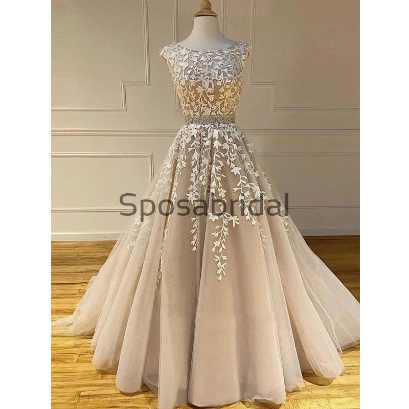A-line Straps Champagne Lace Long Formal Modest Prom Dresses PD2265
