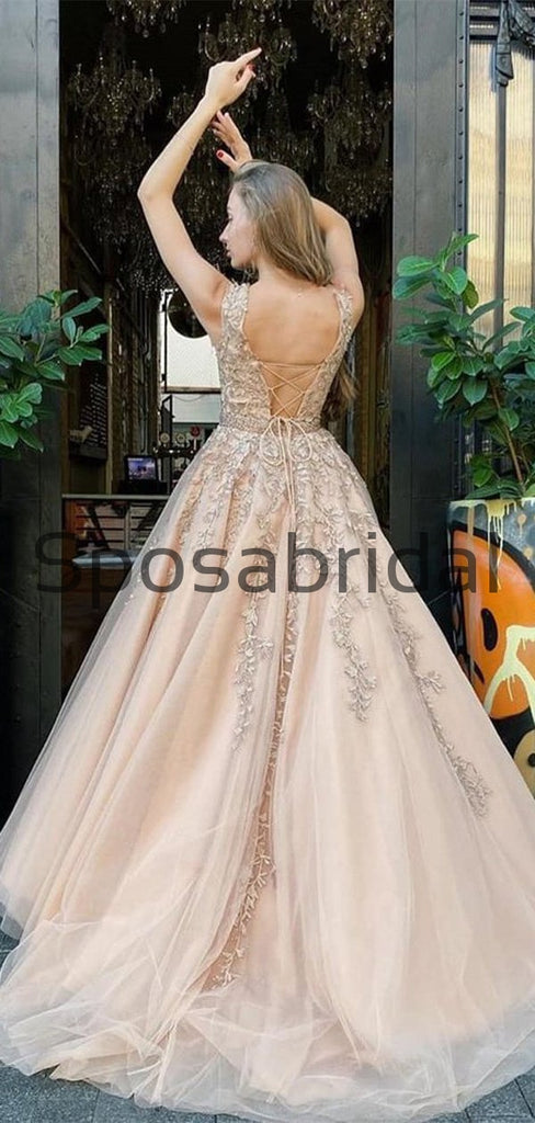 A-line Straps Champagne Lace Long Formal Modest Prom Dresses PD2265