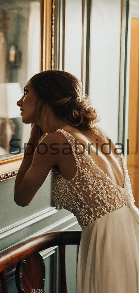 A-line Tulle Beeaded V-back Vintage Long Elegant Wedding Dresses WD0411