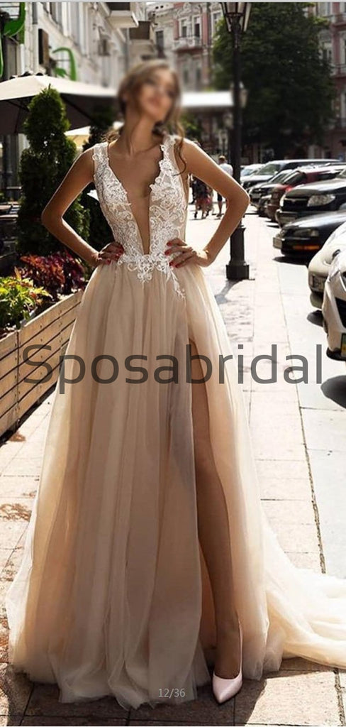 A-line Tulle Lace Vintage Beach Wedding Dresses, Prom Dresses WD0410