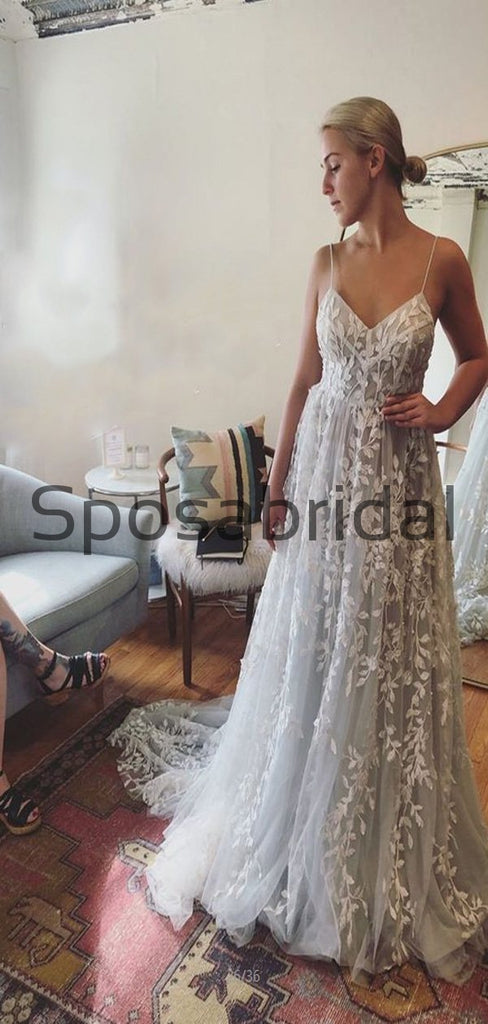 A-line Unique Lace Spaghetti Straps Long Vintage Princess Wedding Dresses WD0366