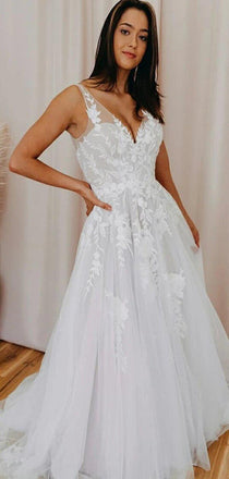 Sexy Boho A-line V-Neck Lace Long Wedding Dresses, WD0614