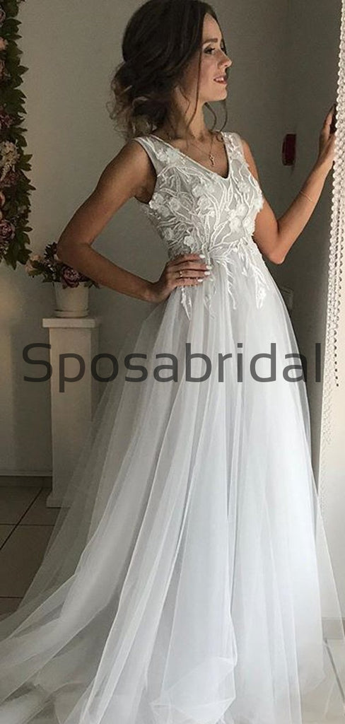 A-line V-Neck Light Gray Vintage Popular Modest Wedding Dresses WD0418