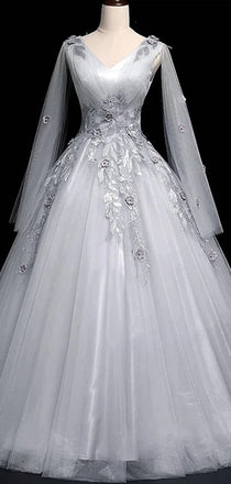 Elegant Vintage V-neck A-line Long Sleeve Tulle Lace Wedding Dress, WD3002