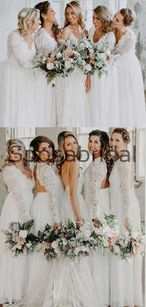 A-line White Long Sleeves Lace Long Bridesmaid Dresses WG872