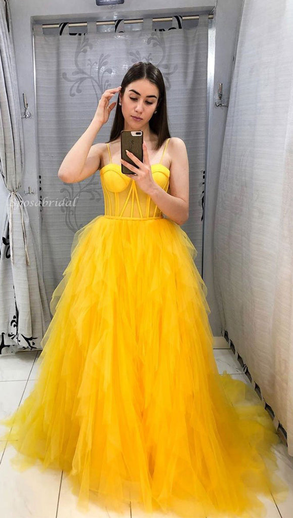 Sexy A-line Yellow Straps Modest Evening Prom Dresses PD2299