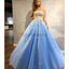 A-line Blue Gorgeous Modest Formal Long Prom Dresses with appliques, Ball gowns PD1505