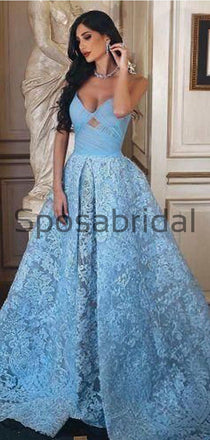 A-line Blue Lace Unique Modest Formal Prom Dresses PD2128