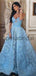 A-line Blue Lace Unique Modest Formal Prom Dresses PD2128