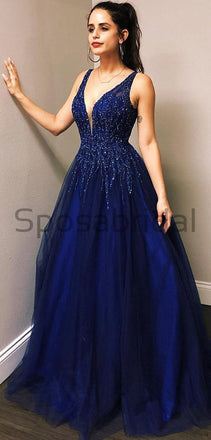A-line Blue Tulle Sequin Sparkly Shining Formal Modest Formal Prom Dresses PD1691