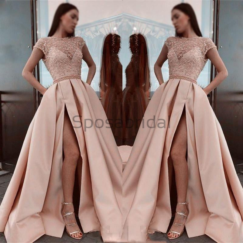 A-line Cap Sleeves Satin Side Slit Formal Long Modest Prom Dresses with bead PD1601
