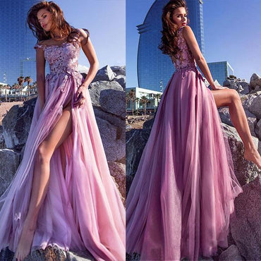A-line Elegant Tulle Spaghetti Straps Neckline A-line Prom Dresses With Lace Appliques,PD1034 - SposaBridal