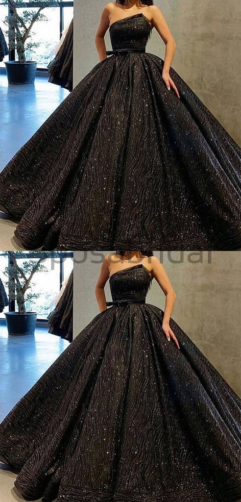 A-line Gorgeous Black Sequin Sparkly Long Fashion Prom Dresses, Ball Gown PD1515
