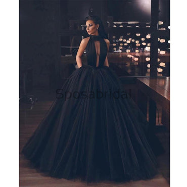 A-line Long Halter Black Tulle Sleeveless Long Modest Elegant Prom Dresses PD1603