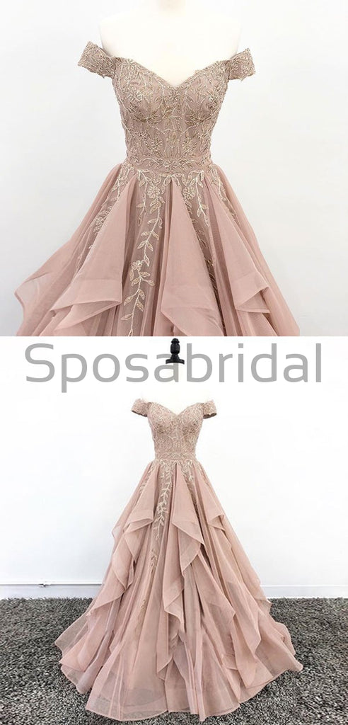 A-line Off the Shoulder Custom Made V Neck Lace Long Prom Dresses, Evening dress PD1604