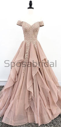 A-line Off the Shoulder Custom Made V Neck Lace Long Prom Dresses, Evening dress PD1604