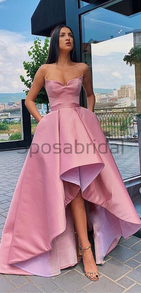 A-line Pink High-low Straps Satin Formal Long Modest Unique Prom Dresses PD1531