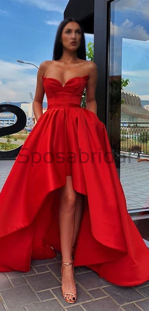 A-line Red High-low Straps Satin Formal Long Modest Unique Prom Dresses PD1534