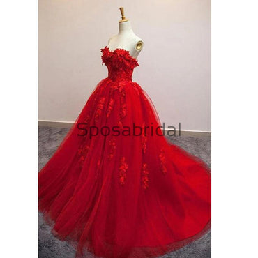 A-line Red Lace Gorgeous Strapless Hot Long Prom Dresses PD2133
