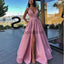 A-line Satin Pink Side Slit Simple Cheap Vintage Party Prom Dresses PD2019