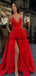 A-line Satin Red Side Slit Simple Cheap Vintage Party Prom Dresses PD2020
