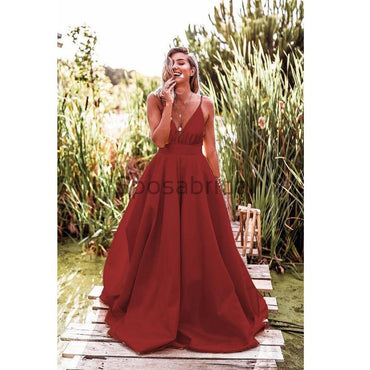 A-line Satin Spaghetti Straps Simple Formal Cheap Long Modest Prom Dresses PD1561