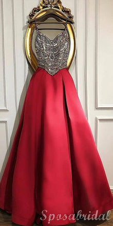 A-line Top Beading Red Sparkly Long Modest Elegant Prom Dresses, Chamring Prom Dress,PD1386