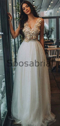 A-line V-Neck Bead Appliques Pretty Prom Dresses, Wedding Dresses PD2029