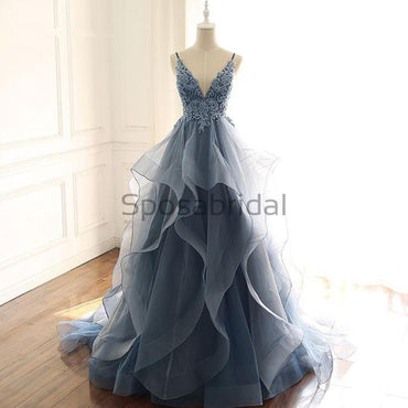 A-line V-Neck Lace Organza Long Real Made Formal Vintage Prom Dresses PD1754