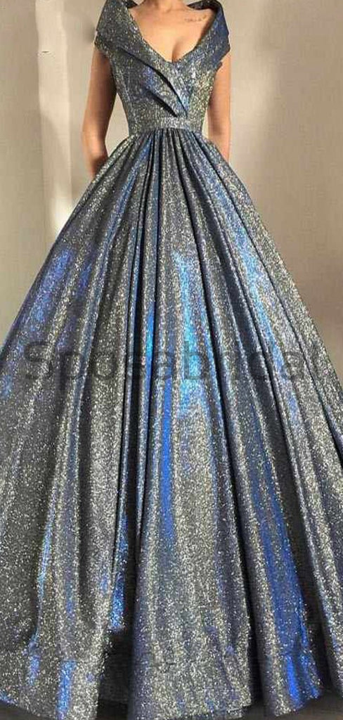 A-line V-Neck Sparkly Sequin Simple Vintage Long Prom Dresses, Ball Gown PD1757