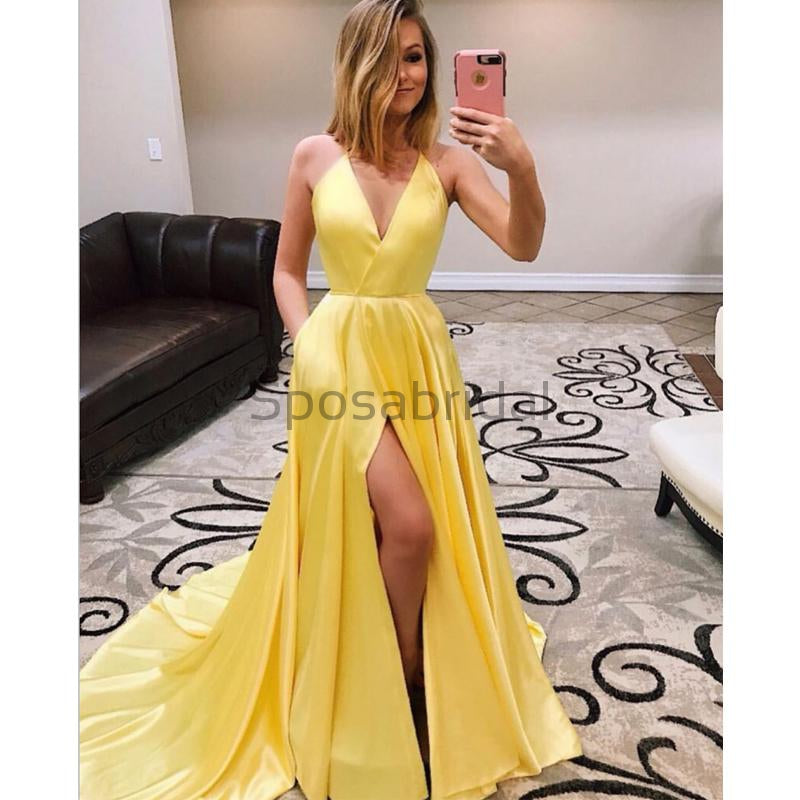A-line Yellow Cheap Side Slit Spaghetti Straps Simple Long Prom Dresses PD1550