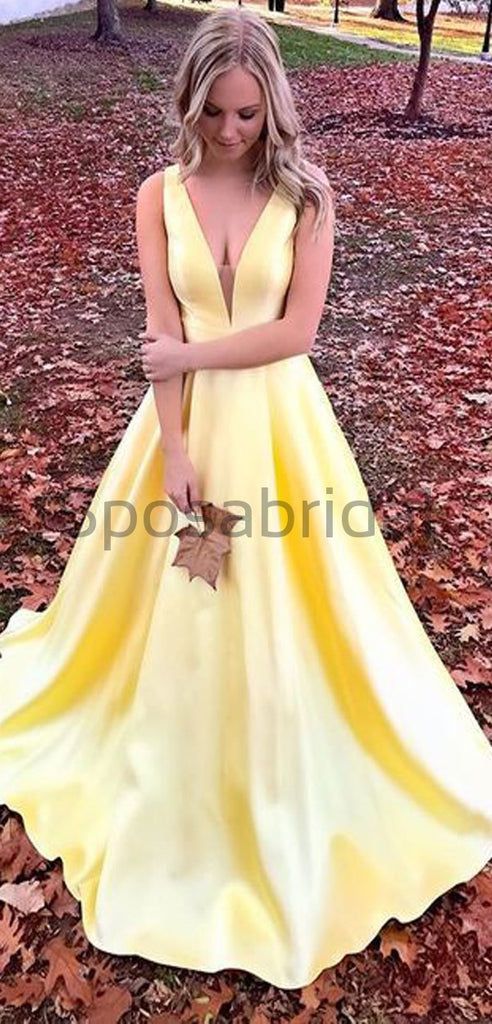 A-line Yellow V-Neck Simple Satin Modest Popular Long Prom Dresses PD1555