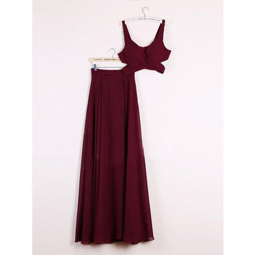 A Line 2 Pieces Plus Size Long Burgundy Chiffon Sleeveless Cheap Modest Bridesmaids Dresses, WG342 - SposaBridal