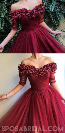 A Line Off The Shoulder Burgundy Tulle Prom Dresses With Appliques Split, Evening Dress, PD1128