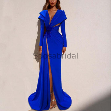 Affordable Blue Elegant Long Sleeves Side Slit Mermaid Formal Prom Dresses PD1971