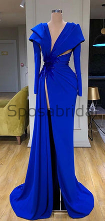 Affordable Blue Elegant Long Sleeves Side Slit Mermaid Formal Prom Dresses PD1971