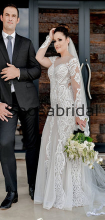 Attractive Long Seeves Mermaid Lace Chic Illusion Beach Long Wedding Dresses WD0544