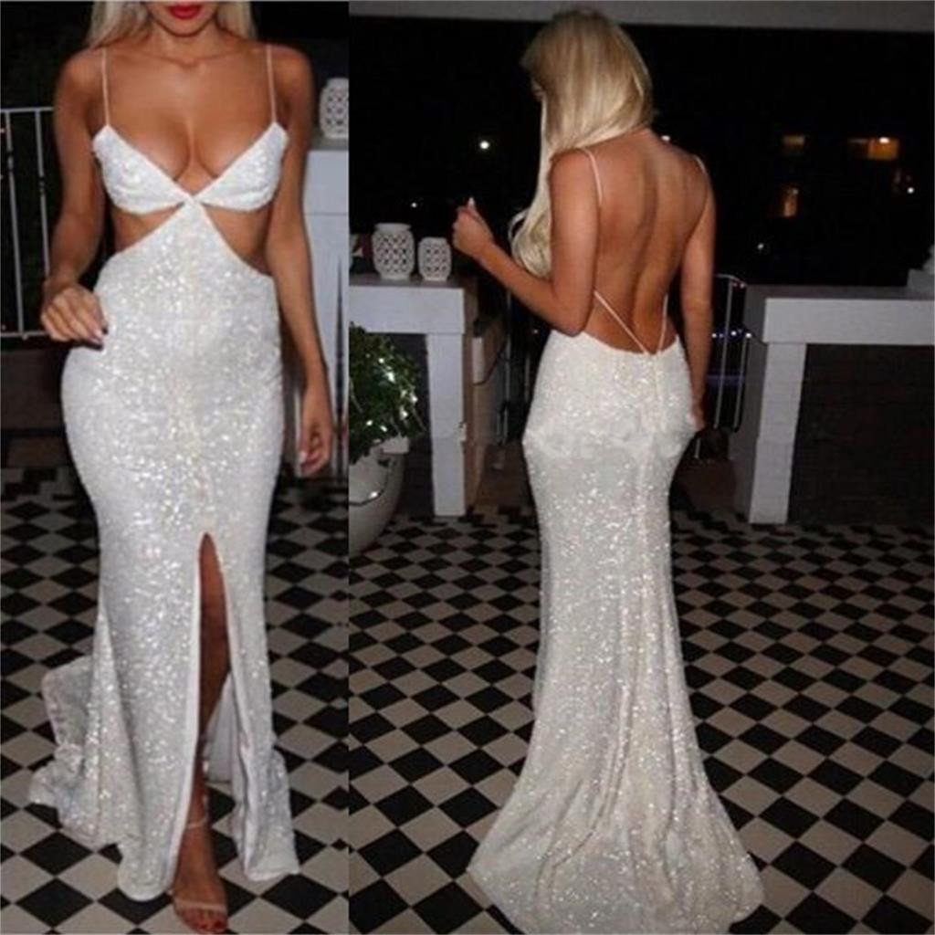 Side Slit Spaghetti Straps Sequined Sexy Cocktail Evening Long Prom Dresses Online,PD0145