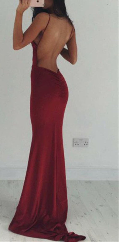 Backless Spaghetti Straps Sexy Burgundy V-neck Cocktail Evening Long Prom Dresses Online,PD0161