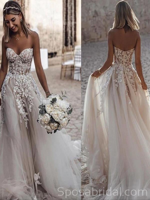 Beach A Line Tulle Applique Floor Length Wedding Dresses, Sweetheart Strapless Sleeveless Zipper Wedding Gowns, WD0351