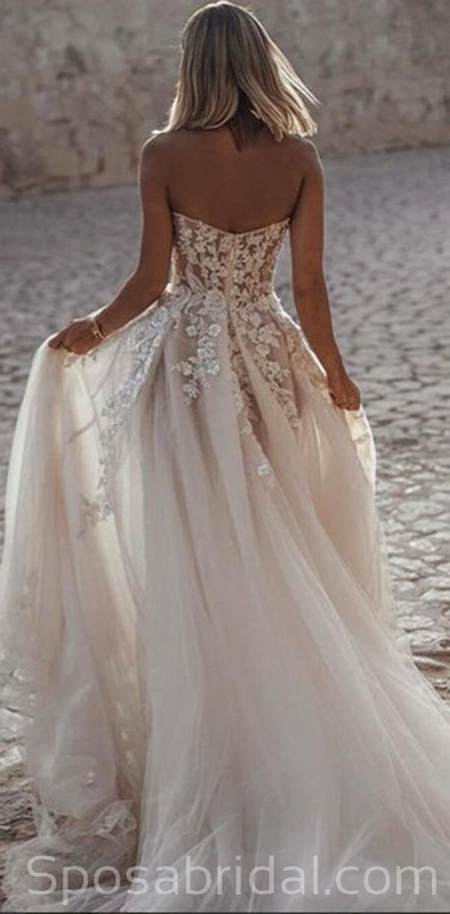 Beach A Line Tulle Applique Floor Length Wedding Dresses, Sweetheart Strapless Sleeveless Zipper Wedding Gowns, WD0351