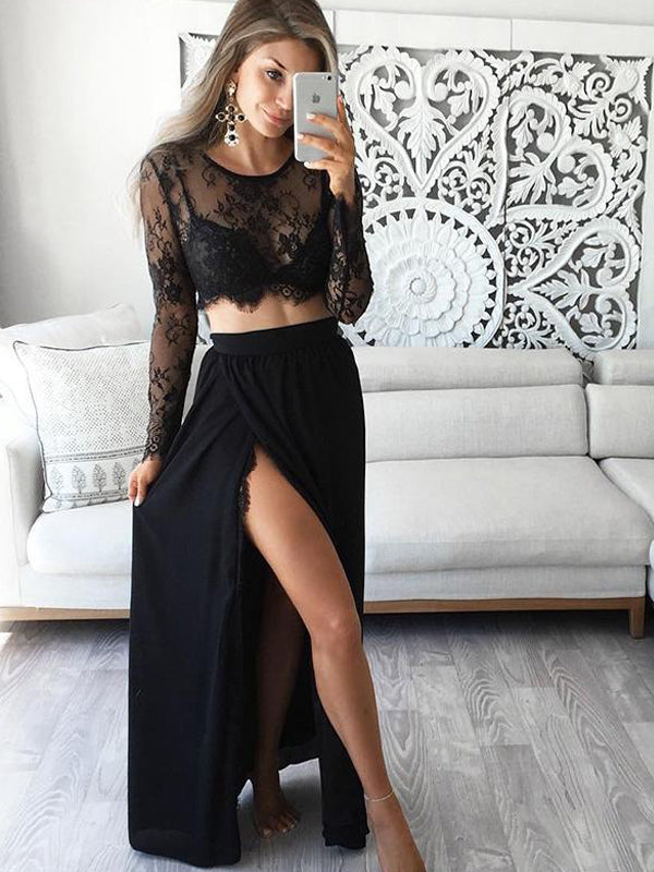 Black Lace Long Sleeves Sexy Slit Two-piece A-line Prom Long Evening Dress, PD0056