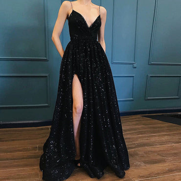 Black Sequins Spaghetti Straps V-neck A-line Slit Prom Dresses, PD0823