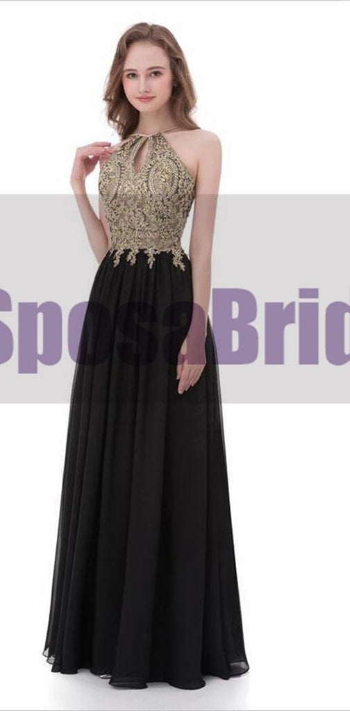 Black Chiffon Gold Halt A-line Gorgeous Prom Dresses, Elegant Formal Prom Dress, PD0480